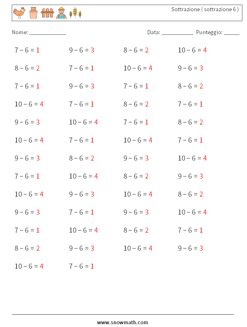 (50) Sottrazione ( sottrazione 6 ) Fogli di lavoro di matematica 8 Domanda, Risposta