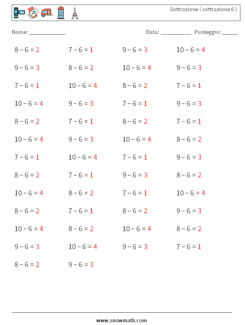 (50) Sottrazione ( sottrazione 6 ) Fogli di lavoro di matematica 9 Domanda, Risposta