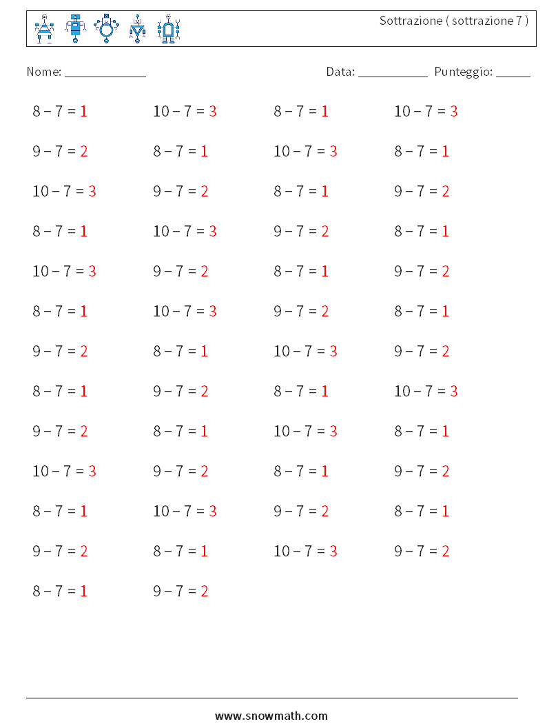 (50) Sottrazione ( sottrazione 7 ) Fogli di lavoro di matematica 1 Domanda, Risposta
