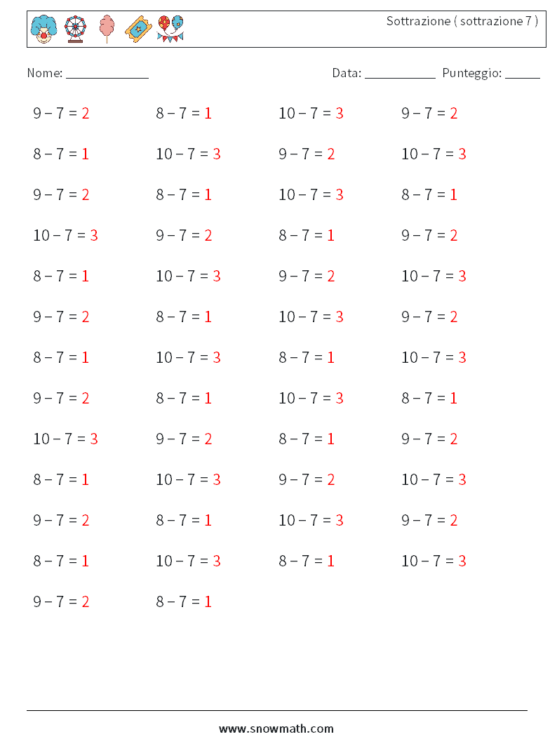 (50) Sottrazione ( sottrazione 7 ) Fogli di lavoro di matematica 2 Domanda, Risposta