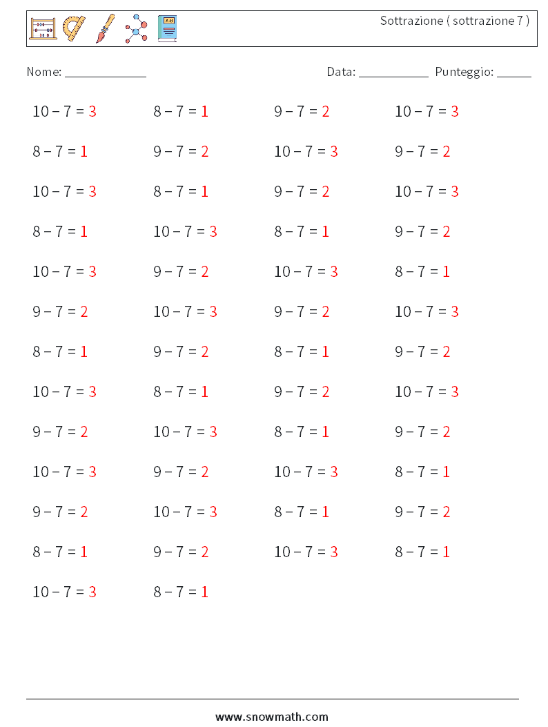 (50) Sottrazione ( sottrazione 7 ) Fogli di lavoro di matematica 3 Domanda, Risposta