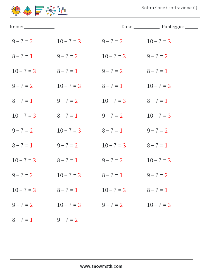 (50) Sottrazione ( sottrazione 7 ) Fogli di lavoro di matematica 4 Domanda, Risposta