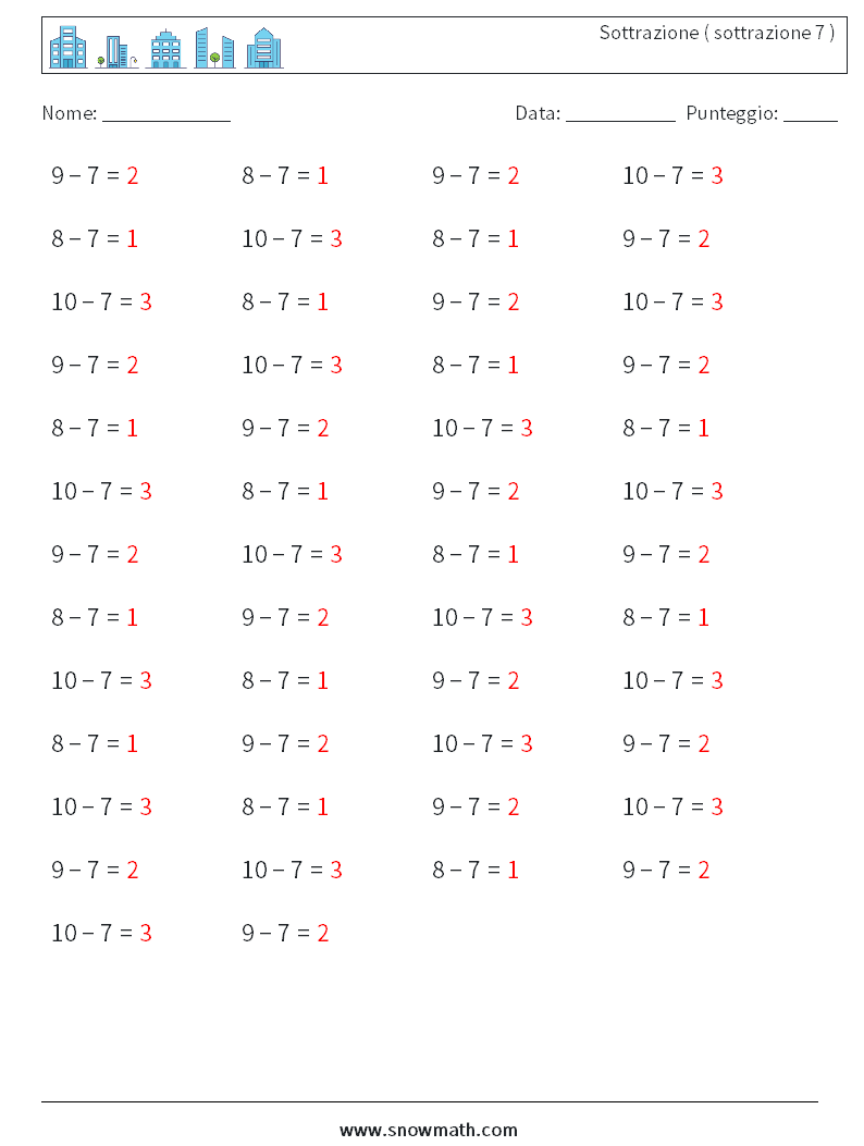 (50) Sottrazione ( sottrazione 7 ) Fogli di lavoro di matematica 5 Domanda, Risposta
