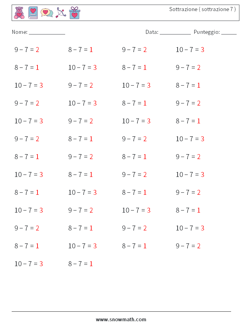 (50) Sottrazione ( sottrazione 7 ) Fogli di lavoro di matematica 7 Domanda, Risposta