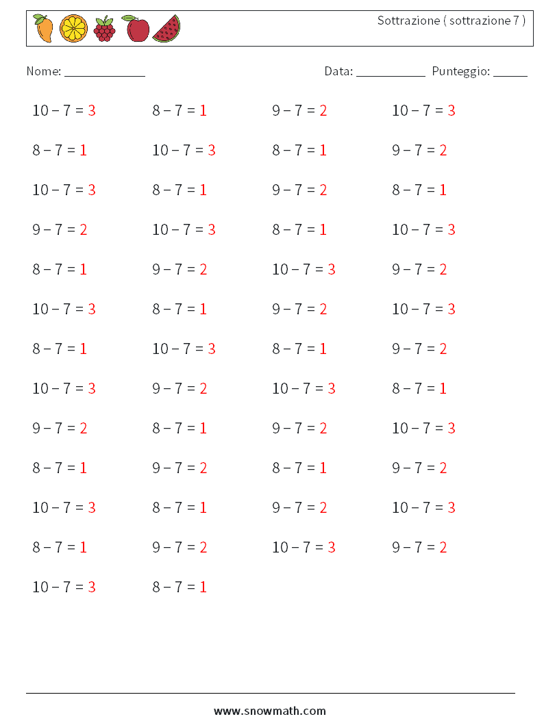 (50) Sottrazione ( sottrazione 7 ) Fogli di lavoro di matematica 8 Domanda, Risposta