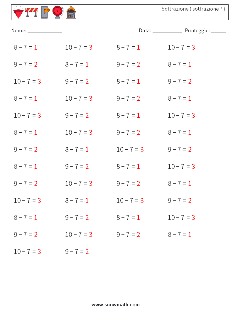 (50) Sottrazione ( sottrazione 7 ) Fogli di lavoro di matematica 9 Domanda, Risposta