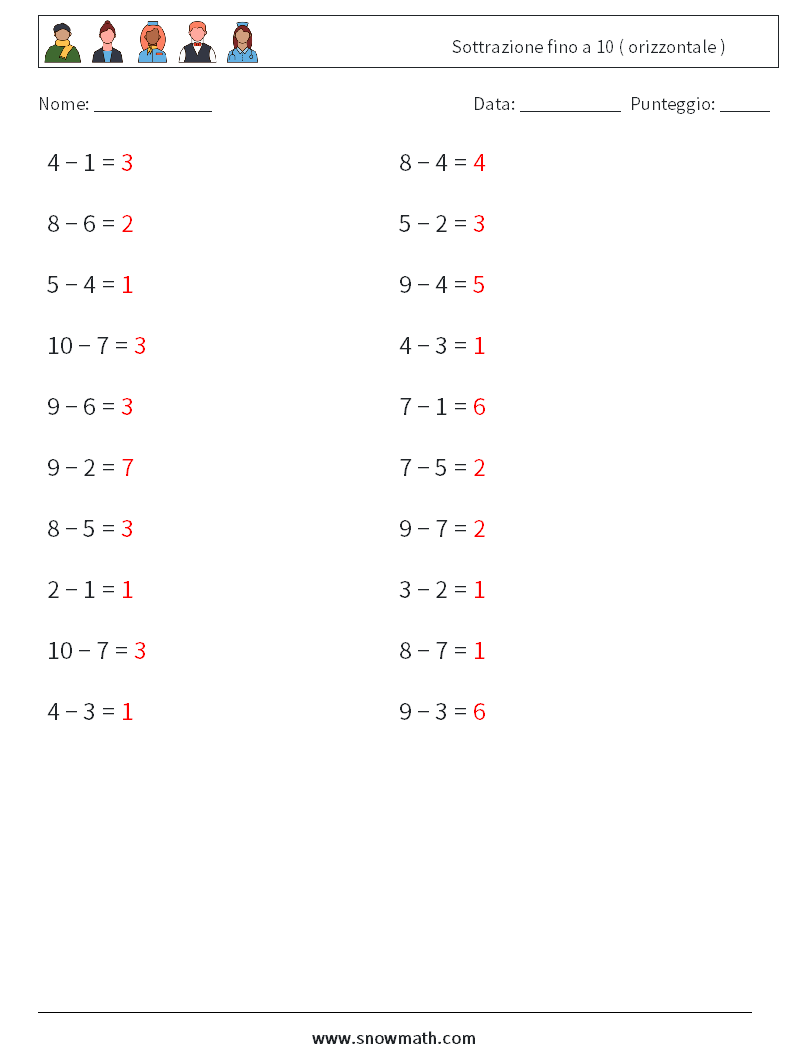 (20) Sottrazione fino a 10 ( orizzontale ) Fogli di lavoro di matematica 1 Domanda, Risposta