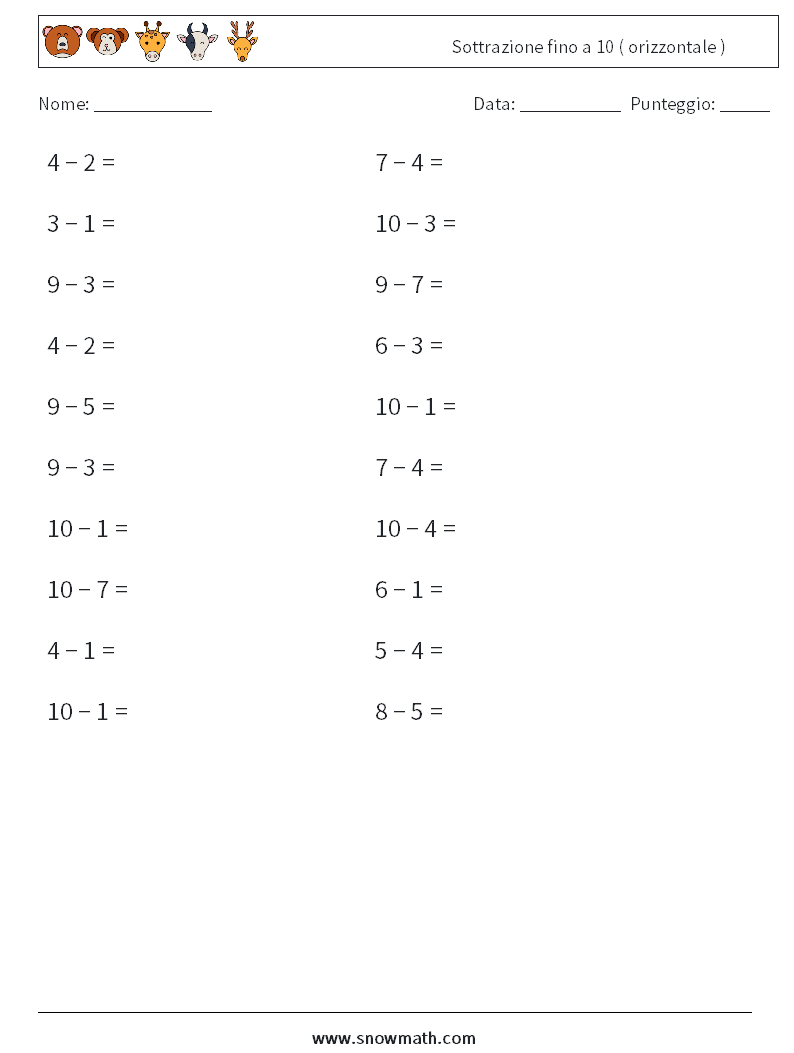 (20) Sottrazione fino a 10 ( orizzontale ) Fogli di lavoro di matematica 2