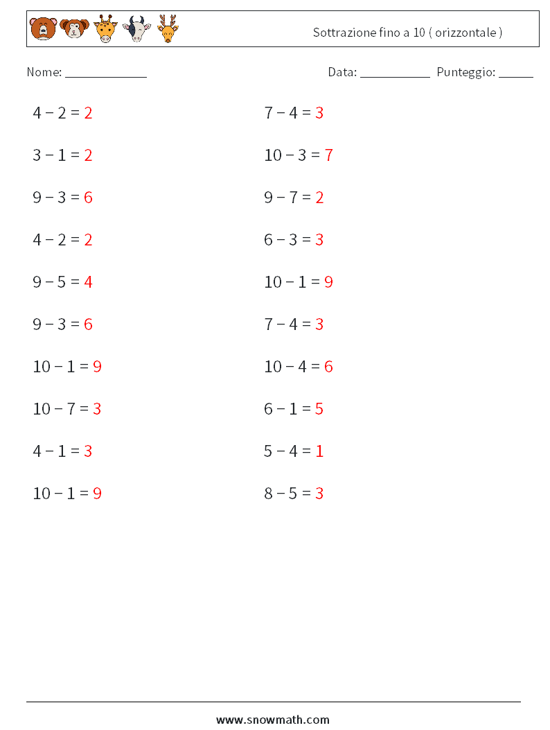 (20) Sottrazione fino a 10 ( orizzontale ) Fogli di lavoro di matematica 2 Domanda, Risposta