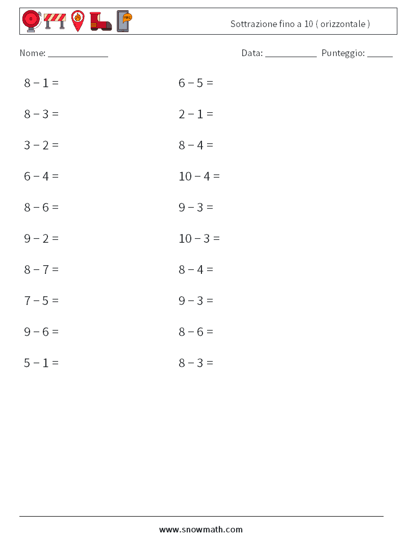(20) Sottrazione fino a 10 ( orizzontale ) Fogli di lavoro di matematica 3