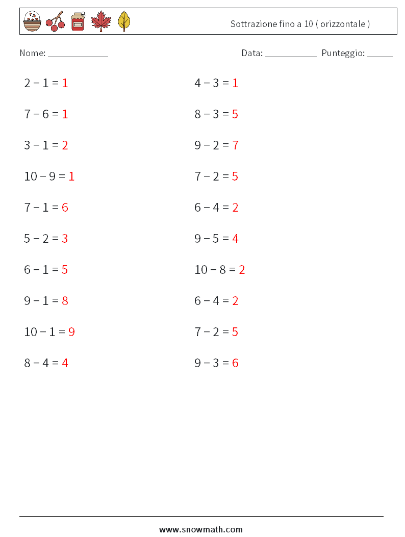 (20) Sottrazione fino a 10 ( orizzontale ) Fogli di lavoro di matematica 4 Domanda, Risposta