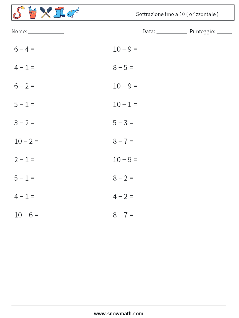 (20) Sottrazione fino a 10 ( orizzontale ) Fogli di lavoro di matematica 6