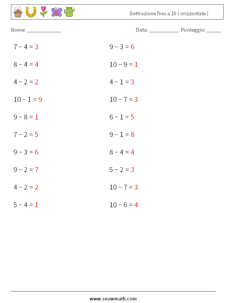 (20) Sottrazione fino a 10 ( orizzontale ) Fogli di lavoro di matematica 7 Domanda, Risposta