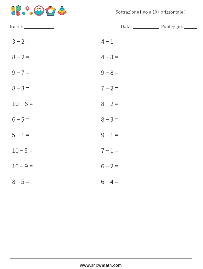(20) Sottrazione fino a 10 ( orizzontale ) Fogli di lavoro di matematica 8