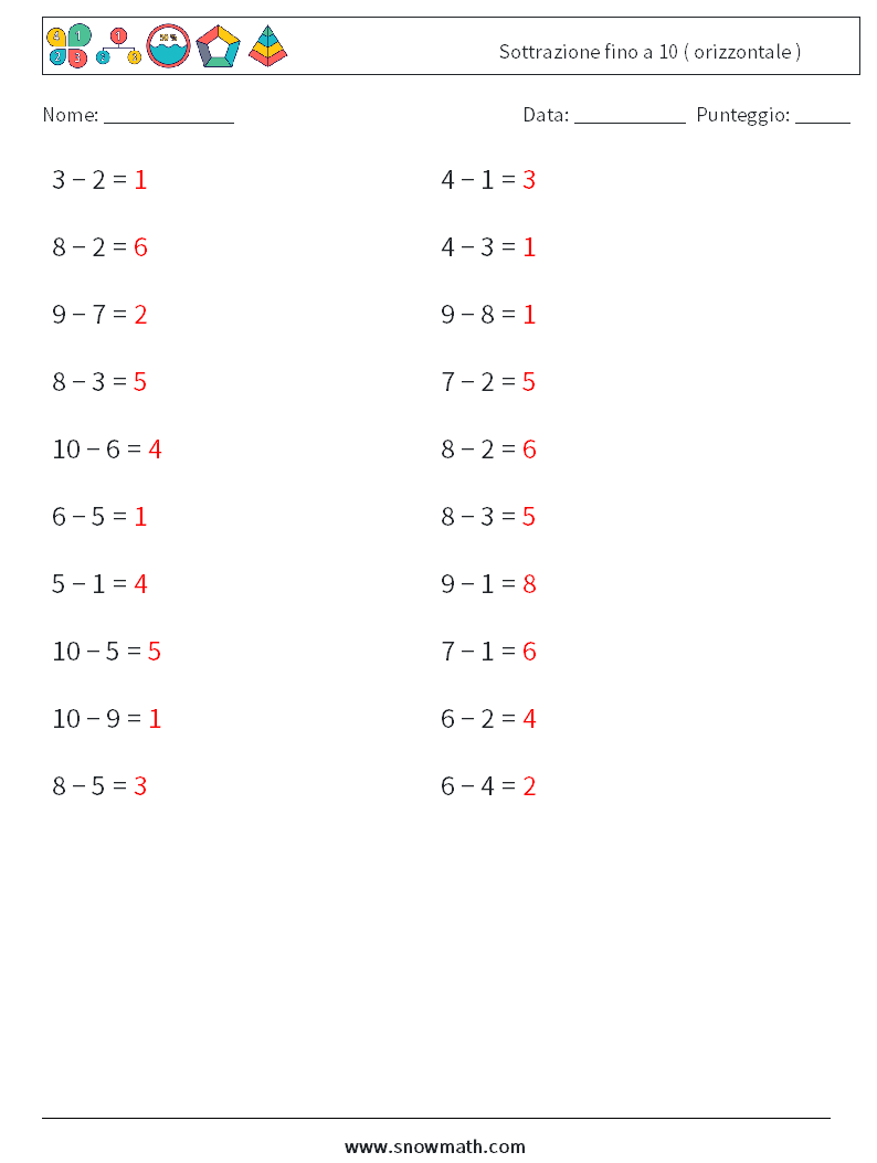 (20) Sottrazione fino a 10 ( orizzontale ) Fogli di lavoro di matematica 8 Domanda, Risposta