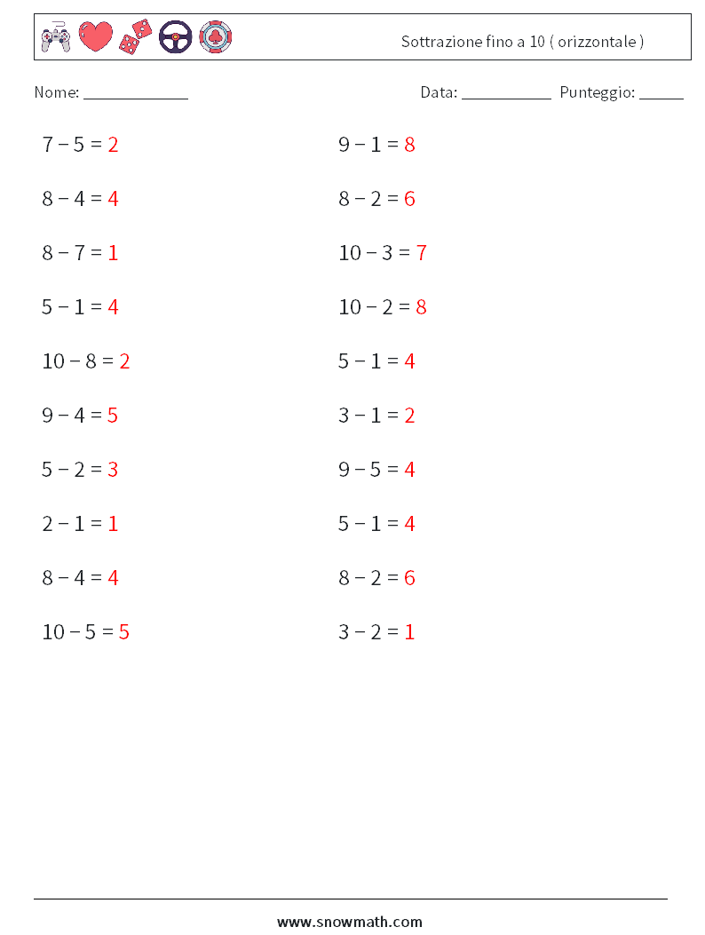 (20) Sottrazione fino a 10 ( orizzontale ) Fogli di lavoro di matematica 9 Domanda, Risposta