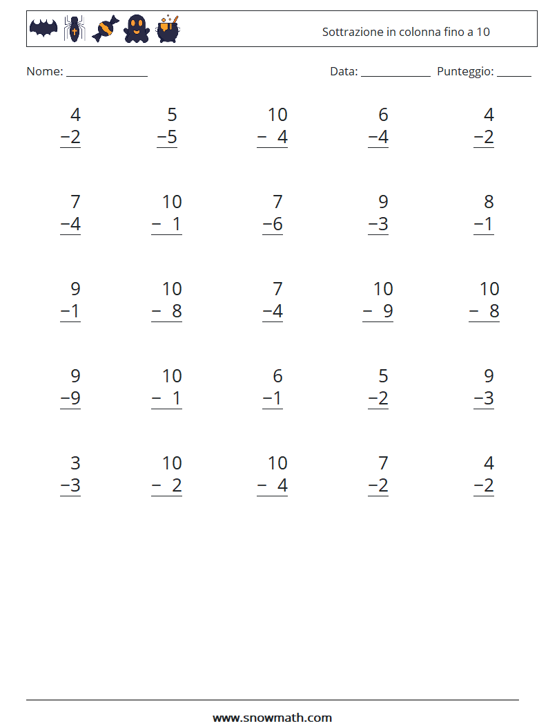 (25) Sottrazione in colonna fino a 10 Fogli di lavoro di matematica 5