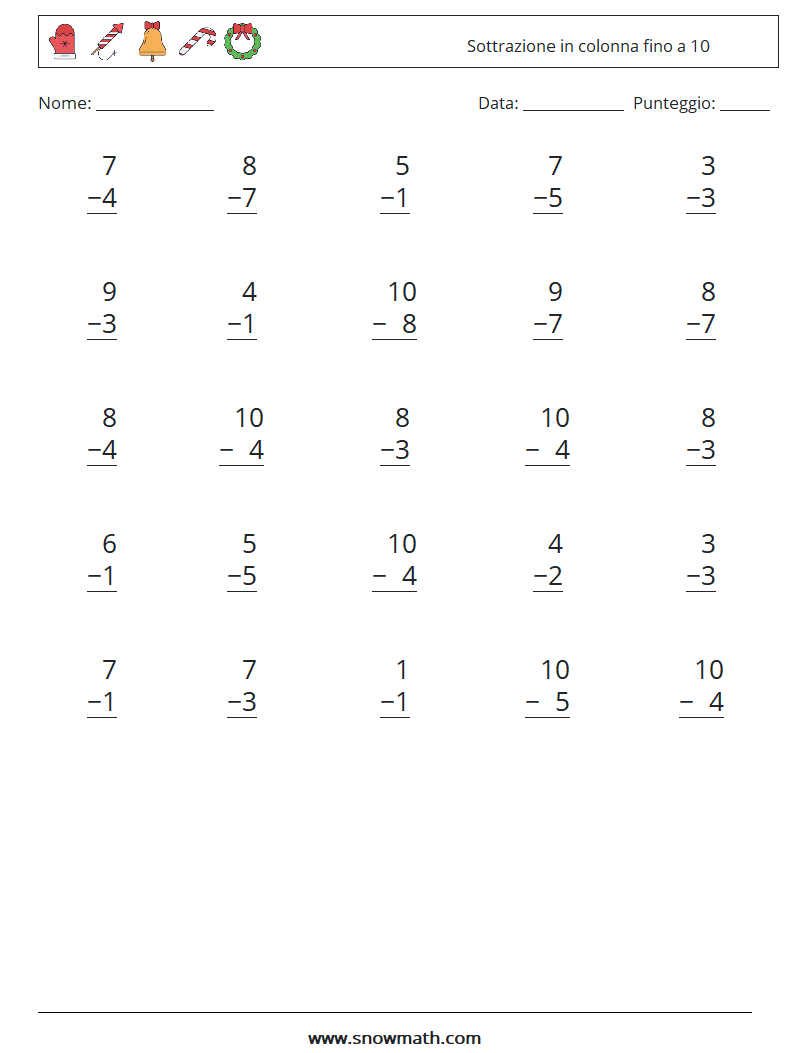 (25) Sottrazione in colonna fino a 10 Fogli di lavoro di matematica 7