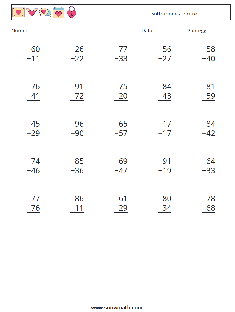 (25) Sottrazione a 2 cifre Fogli di lavoro di matematica 10