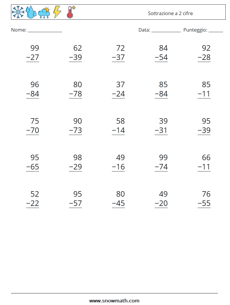 (25) Sottrazione a 2 cifre Fogli di lavoro di matematica 11