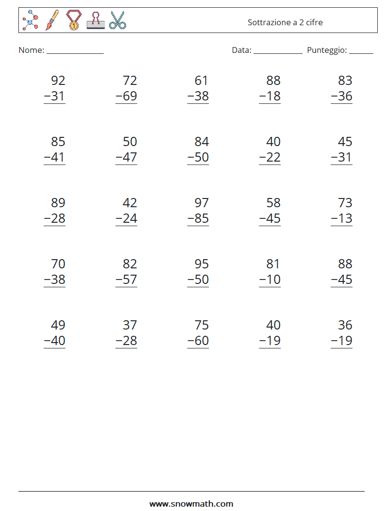 (25) Sottrazione a 2 cifre Fogli di lavoro di matematica 12