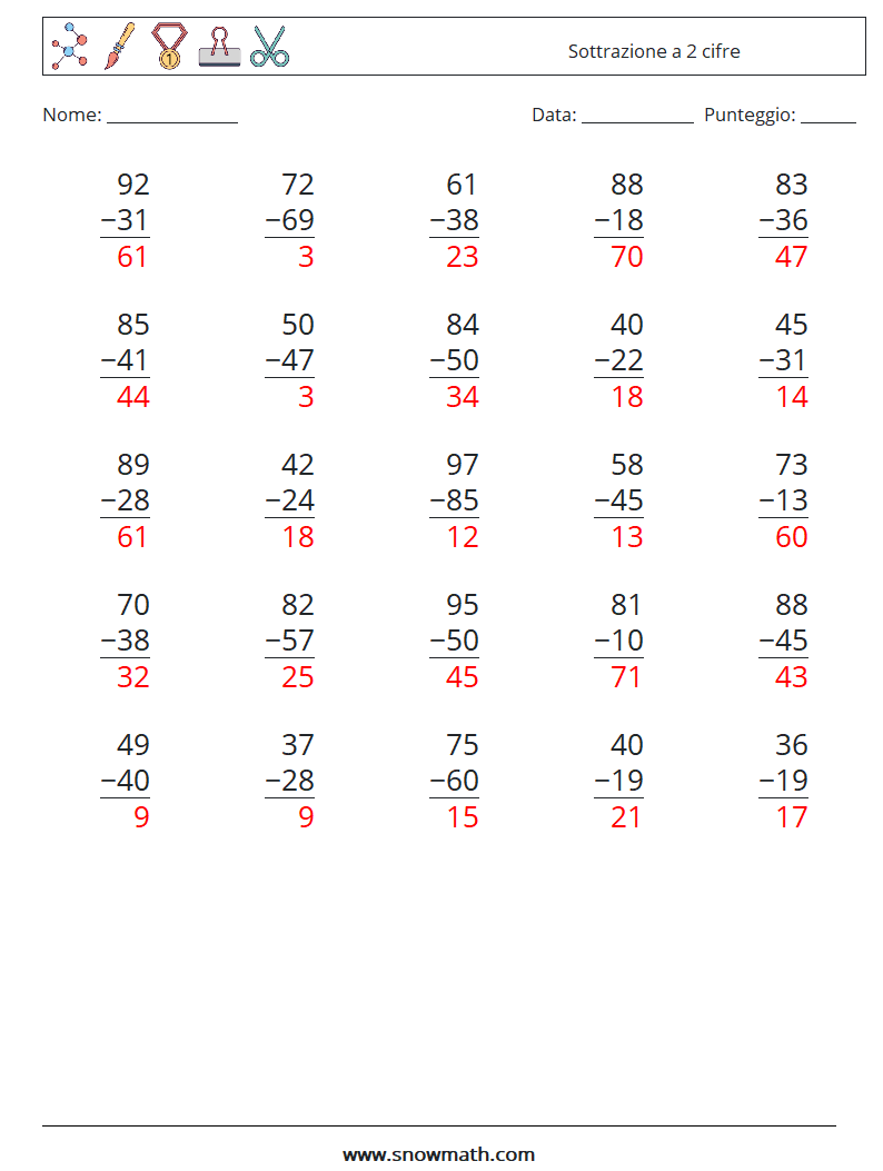 (25) Sottrazione a 2 cifre Fogli di lavoro di matematica 12 Domanda, Risposta