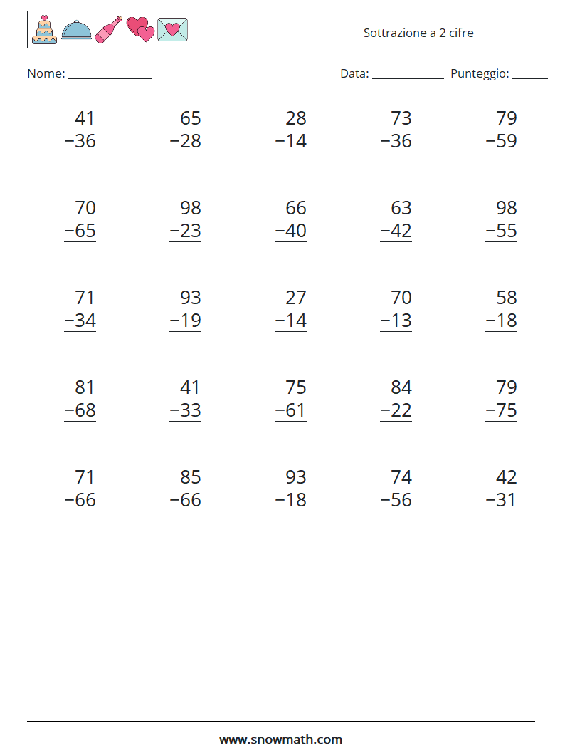 (25) Sottrazione a 2 cifre Fogli di lavoro di matematica 13