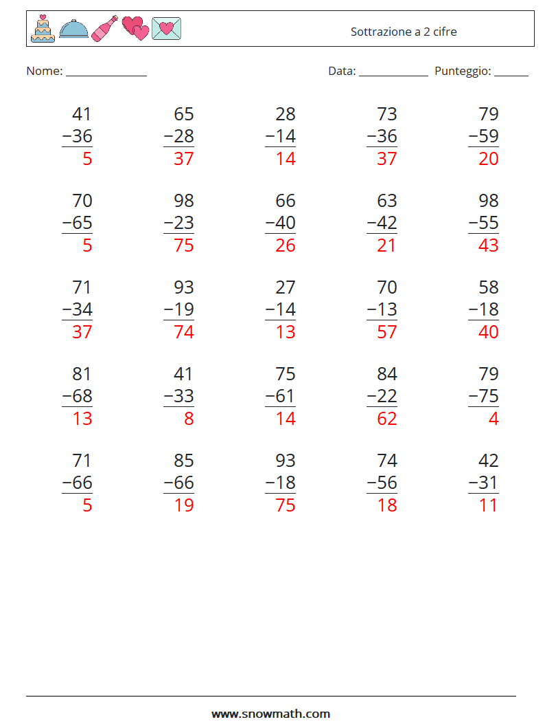 (25) Sottrazione a 2 cifre Fogli di lavoro di matematica 13 Domanda, Risposta