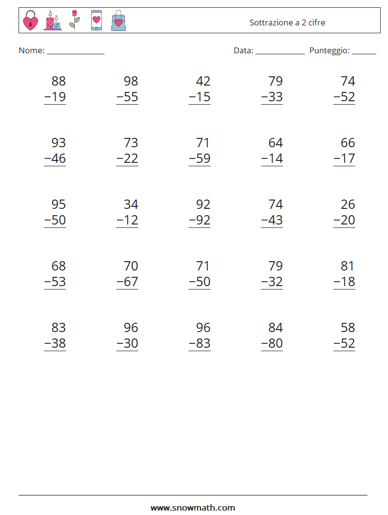 (25) Sottrazione a 2 cifre Fogli di lavoro di matematica 14