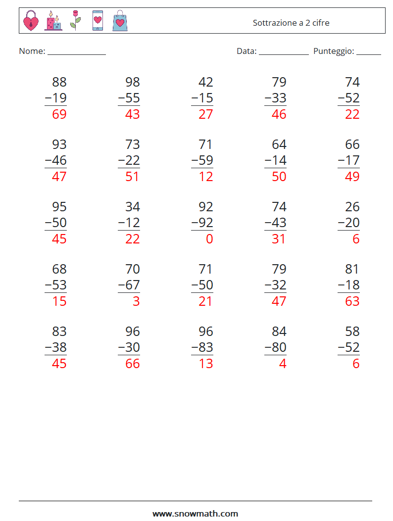 (25) Sottrazione a 2 cifre Fogli di lavoro di matematica 14 Domanda, Risposta