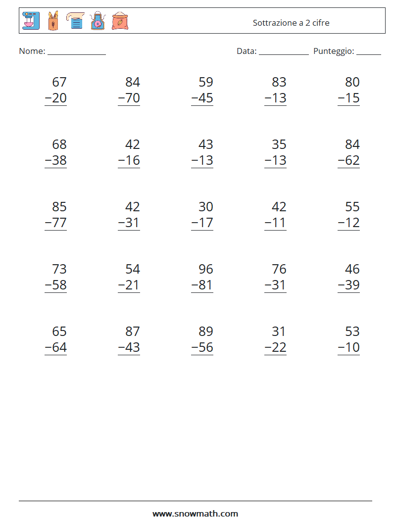 (25) Sottrazione a 2 cifre Fogli di lavoro di matematica 15