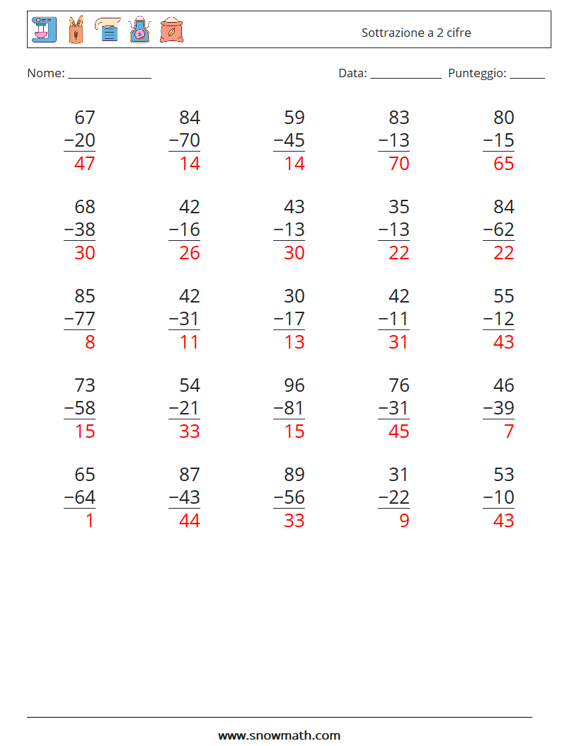(25) Sottrazione a 2 cifre Fogli di lavoro di matematica 15 Domanda, Risposta