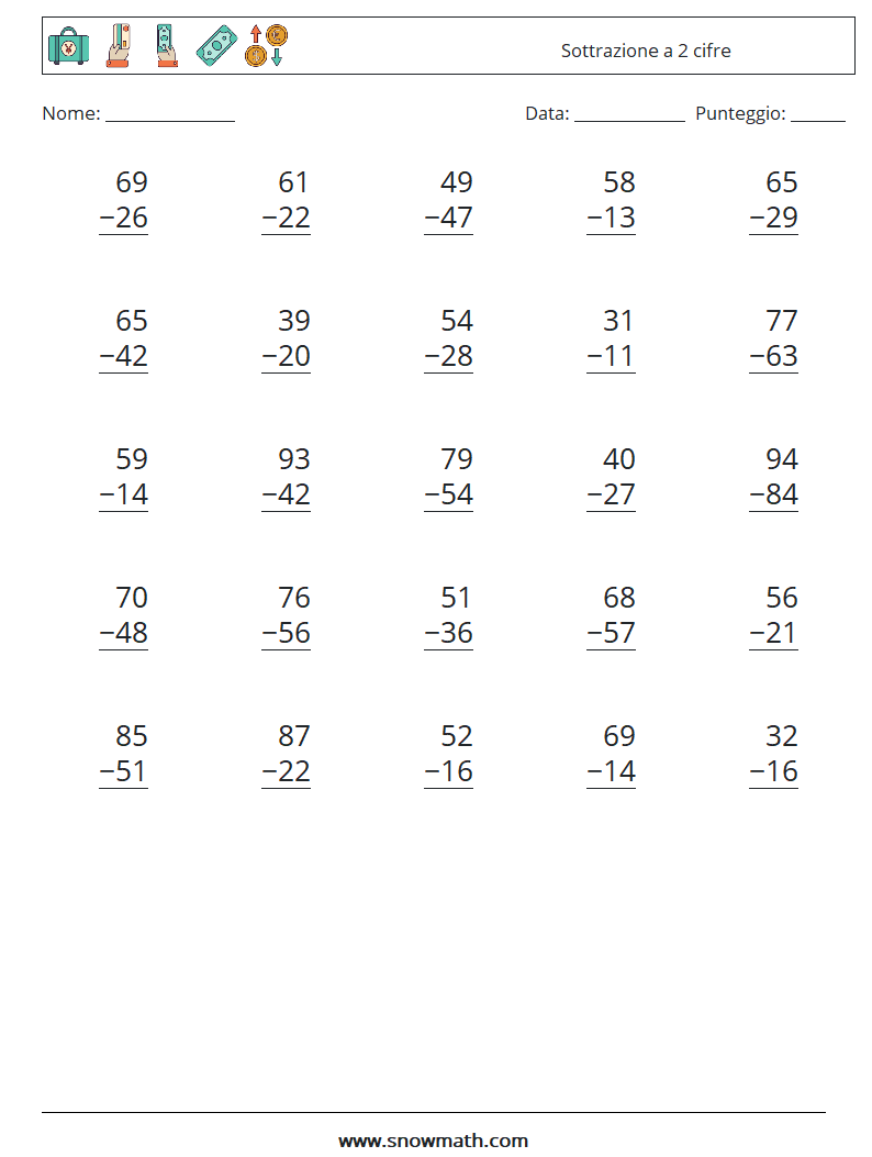 (25) Sottrazione a 2 cifre Fogli di lavoro di matematica 16