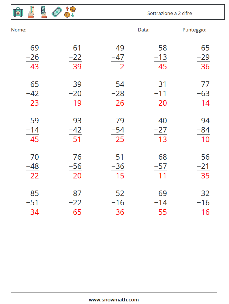 (25) Sottrazione a 2 cifre Fogli di lavoro di matematica 16 Domanda, Risposta