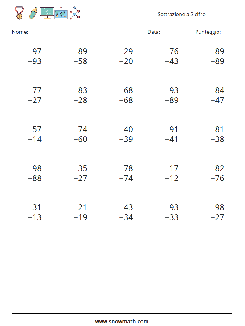 (25) Sottrazione a 2 cifre Fogli di lavoro di matematica 17