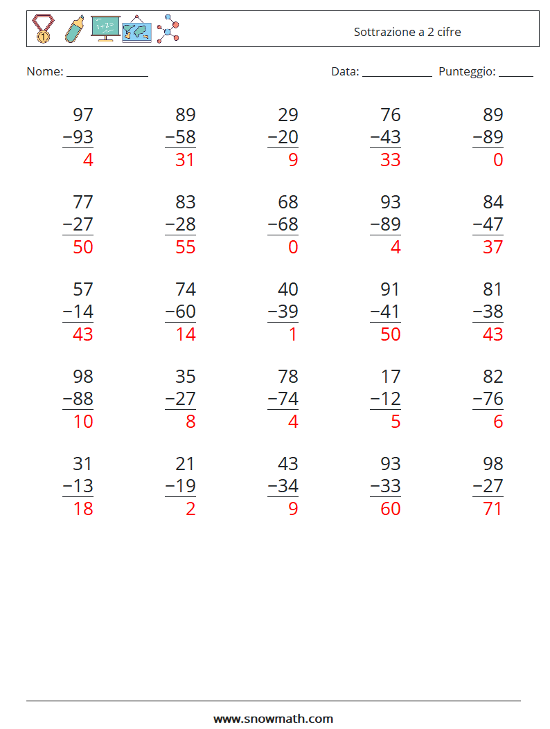(25) Sottrazione a 2 cifre Fogli di lavoro di matematica 17 Domanda, Risposta