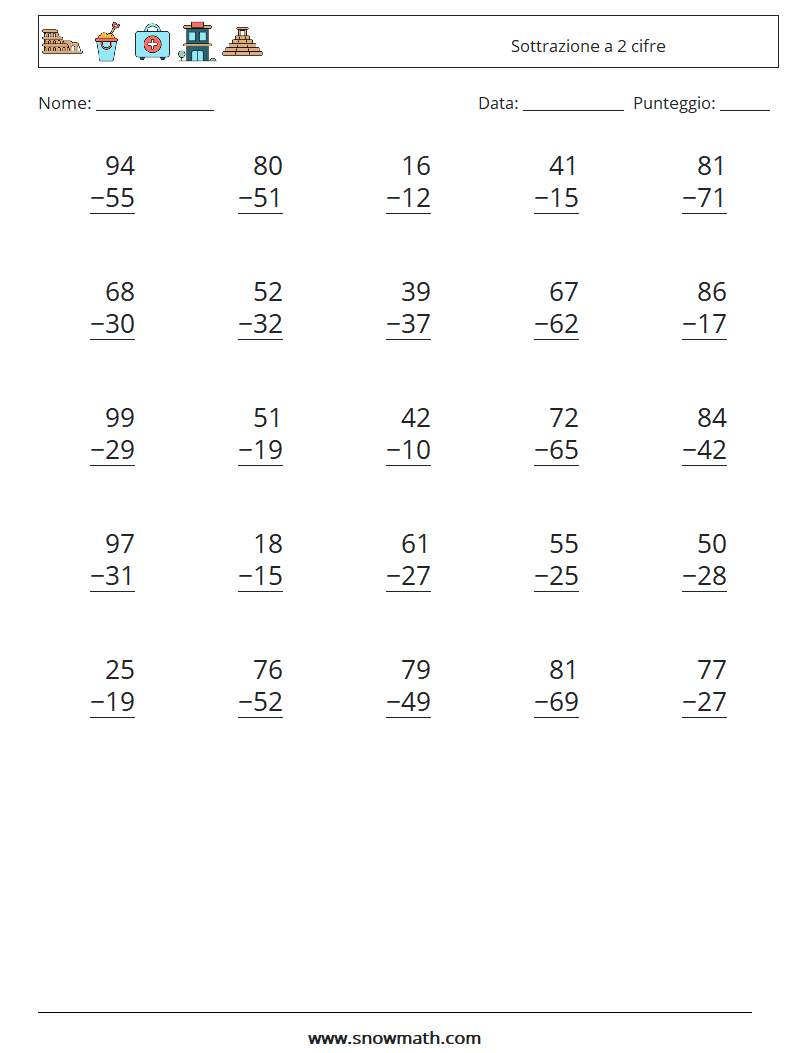 (25) Sottrazione a 2 cifre Fogli di lavoro di matematica 18