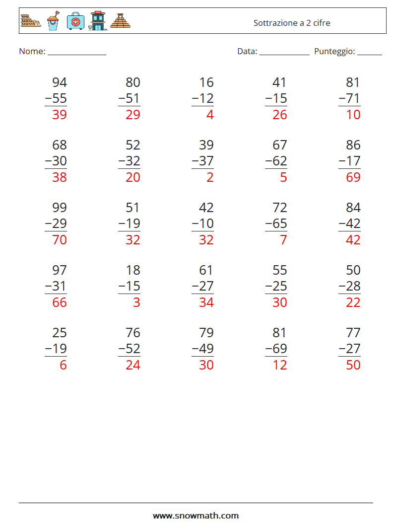 (25) Sottrazione a 2 cifre Fogli di lavoro di matematica 18 Domanda, Risposta