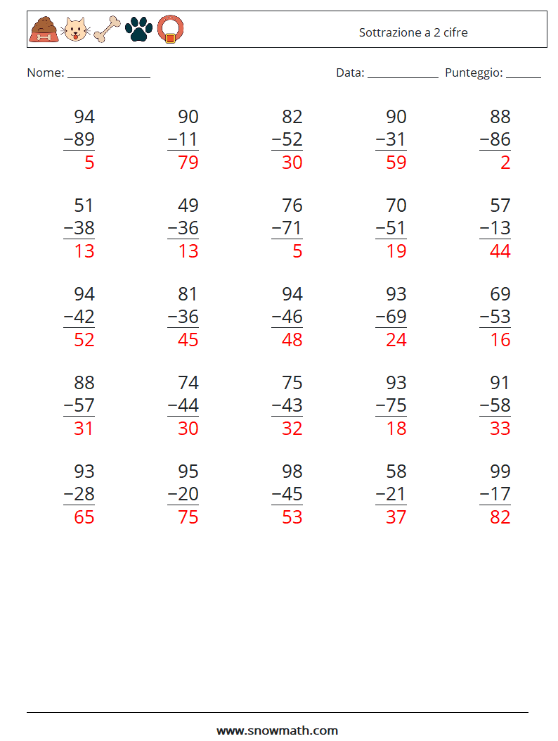 (25) Sottrazione a 2 cifre Fogli di lavoro di matematica 1 Domanda, Risposta