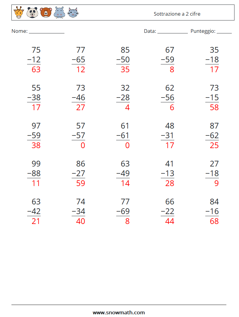 (25) Sottrazione a 2 cifre Fogli di lavoro di matematica 3 Domanda, Risposta