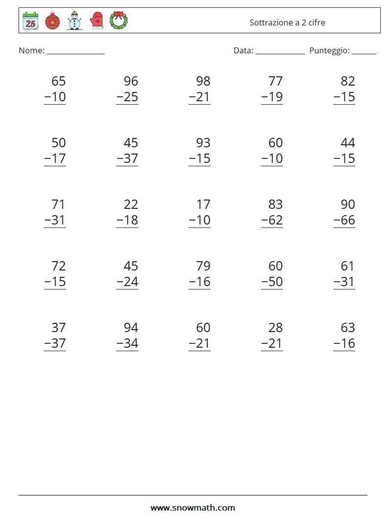 (25) Sottrazione a 2 cifre Fogli di lavoro di matematica 4