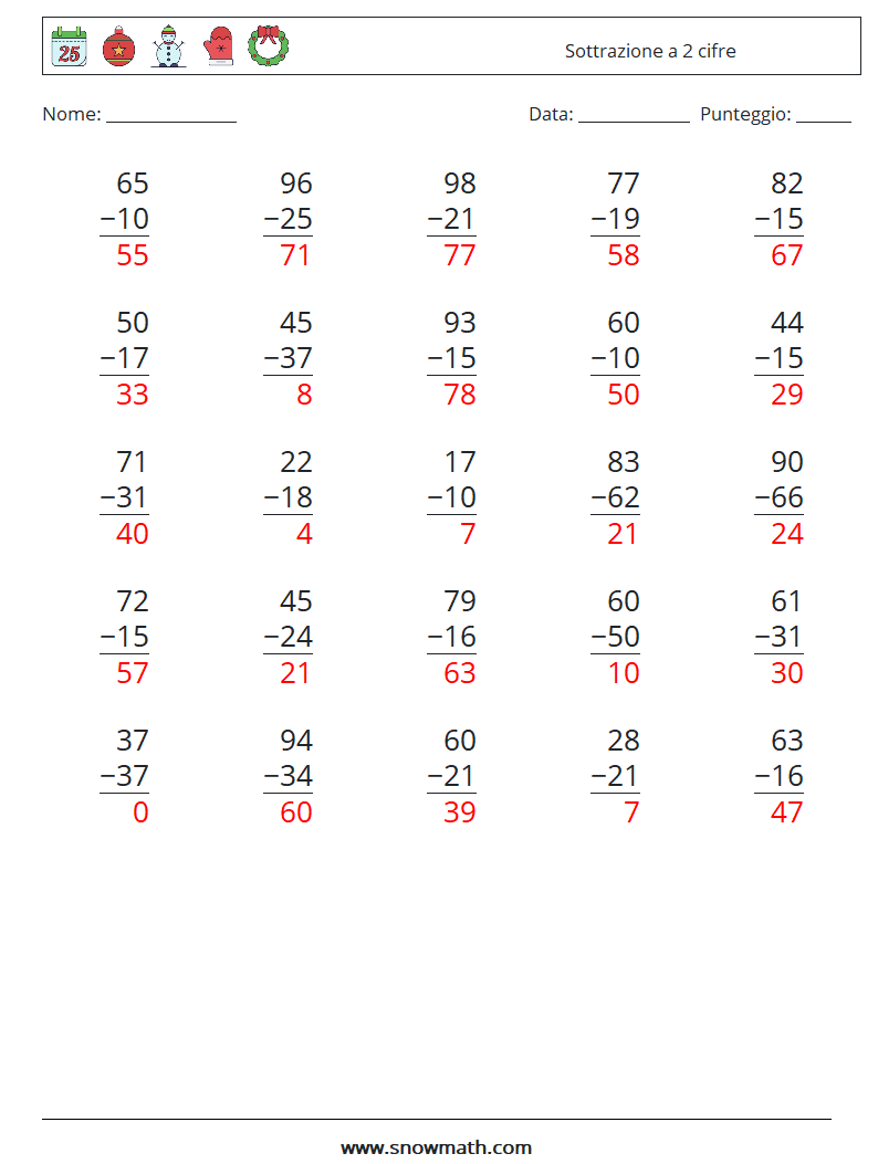 (25) Sottrazione a 2 cifre Fogli di lavoro di matematica 4 Domanda, Risposta
