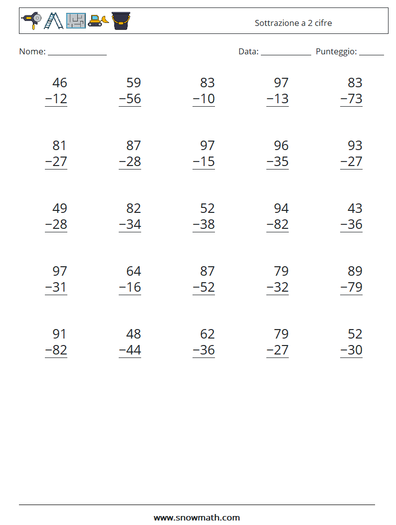 (25) Sottrazione a 2 cifre Fogli di lavoro di matematica 5