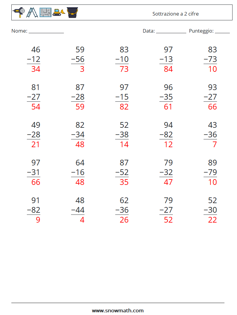 (25) Sottrazione a 2 cifre Fogli di lavoro di matematica 5 Domanda, Risposta