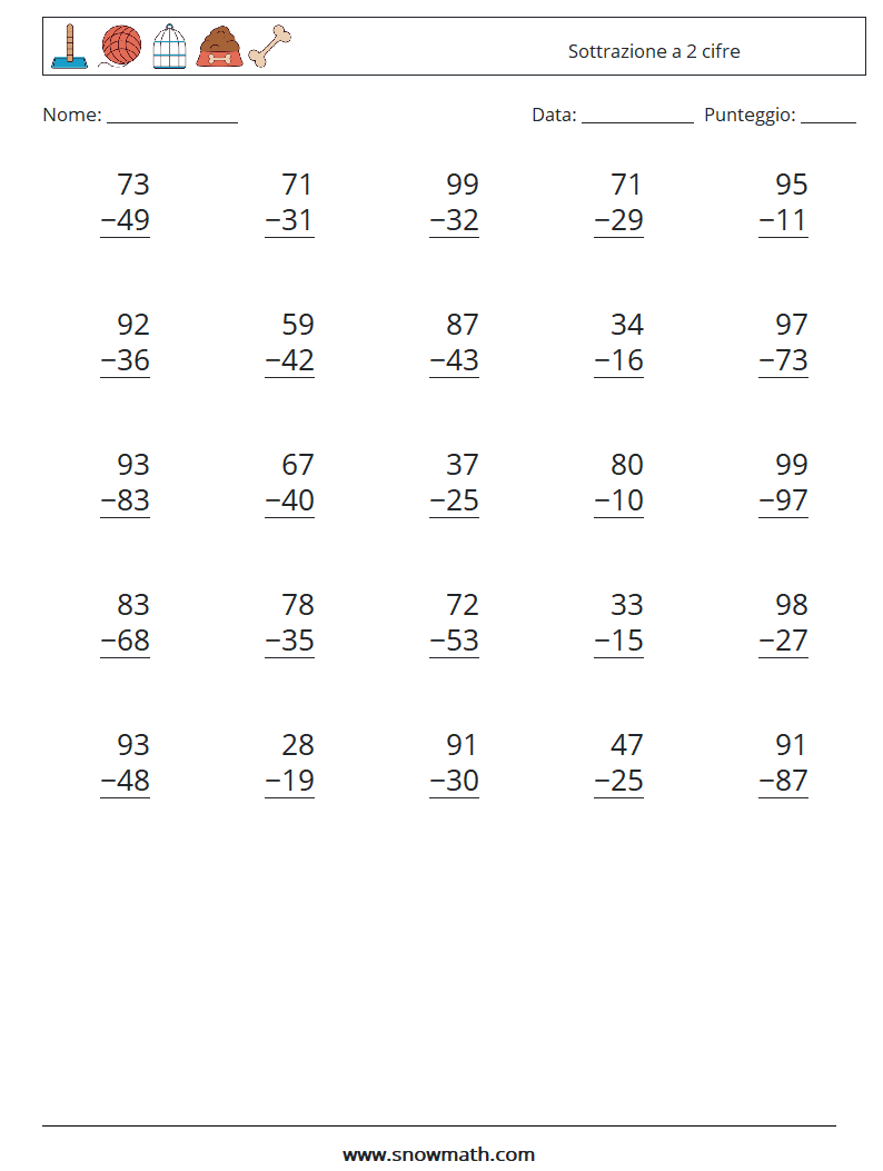 (25) Sottrazione a 2 cifre Fogli di lavoro di matematica 6