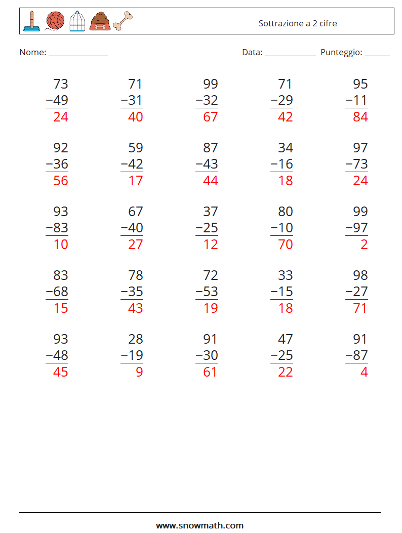 (25) Sottrazione a 2 cifre Fogli di lavoro di matematica 6 Domanda, Risposta