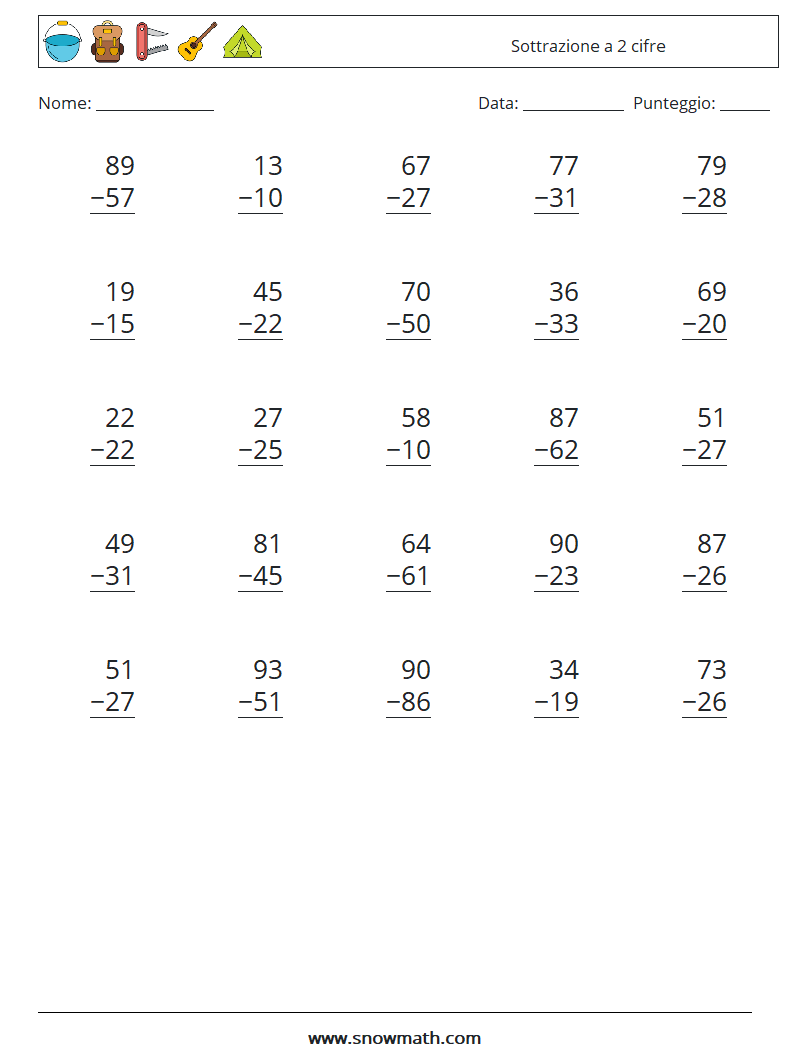 (25) Sottrazione a 2 cifre Fogli di lavoro di matematica 7