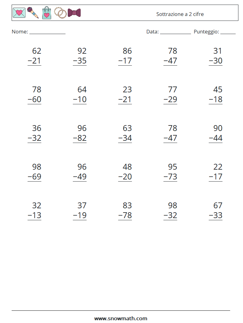 (25) Sottrazione a 2 cifre Fogli di lavoro di matematica 8