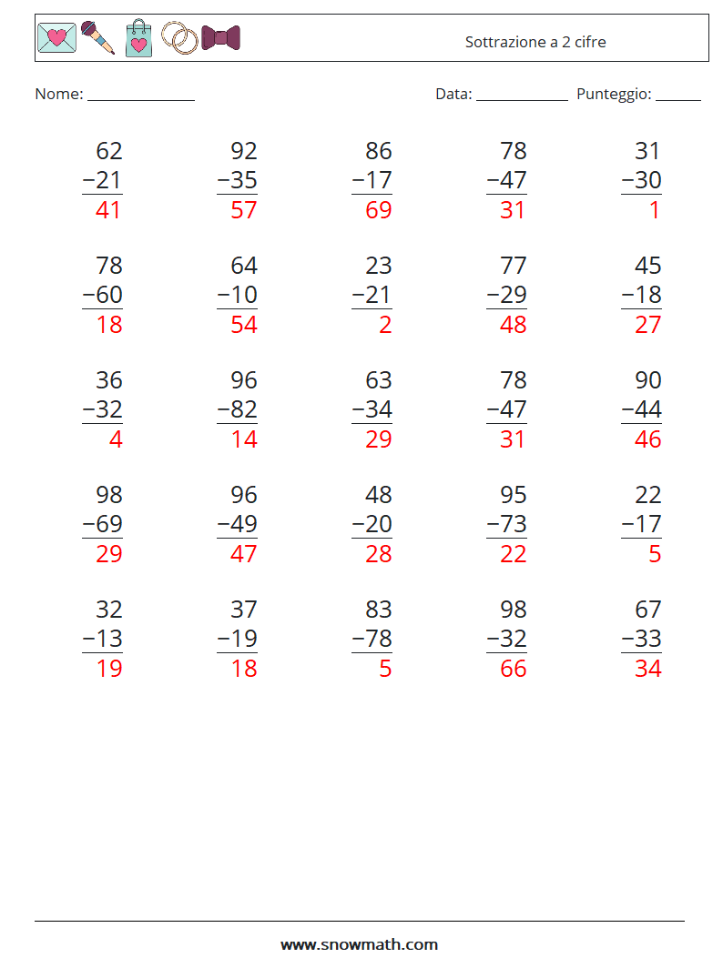 (25) Sottrazione a 2 cifre Fogli di lavoro di matematica 8 Domanda, Risposta