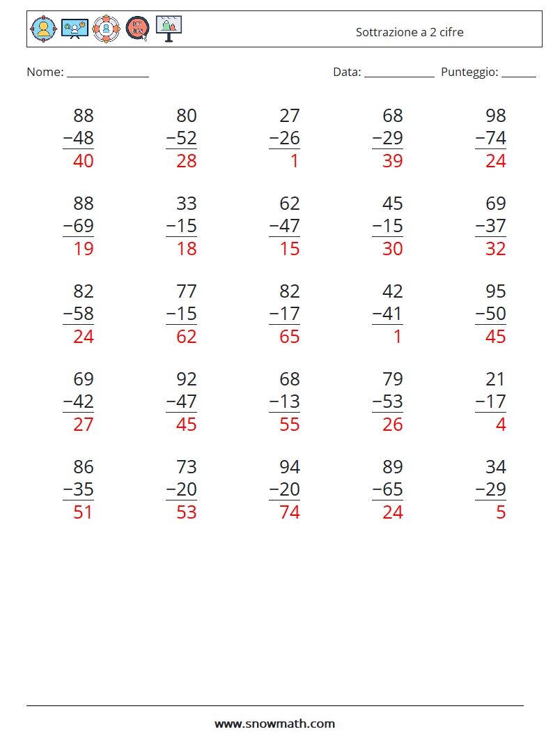 (25) Sottrazione a 2 cifre Fogli di lavoro di matematica 9 Domanda, Risposta
